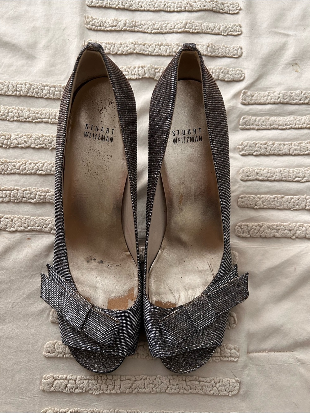 Stuart Weitzman Metallic Pewter Bow Peep-Toe Heels